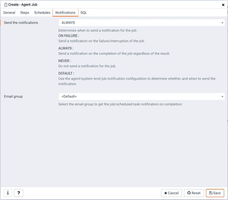 Create Agent Job dialog - Notifications tab